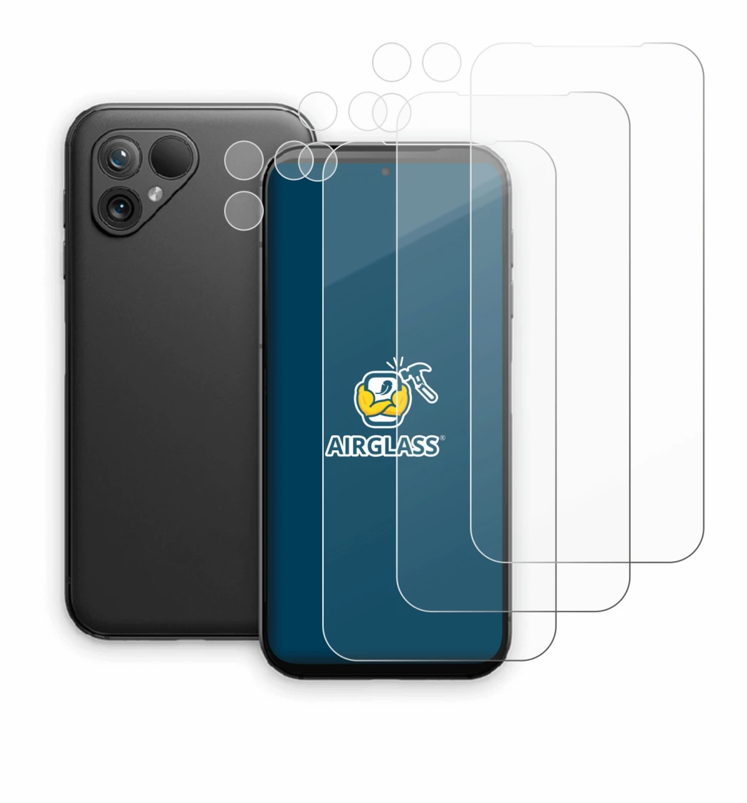 Immagine del dispositivo Fairphone 5 (Fronte+Fotocamera) con un'ampia varietà di protezioni per lo schermo.