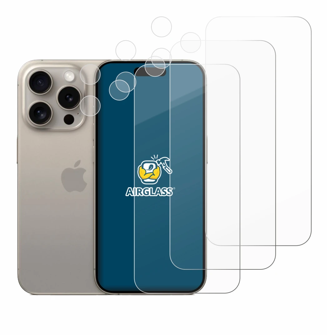 Immagine del dispositivo Apple iPhone 15 Pro (Fronte+Fotocamera) con un'ampia varietà di protezioni per lo schermo.