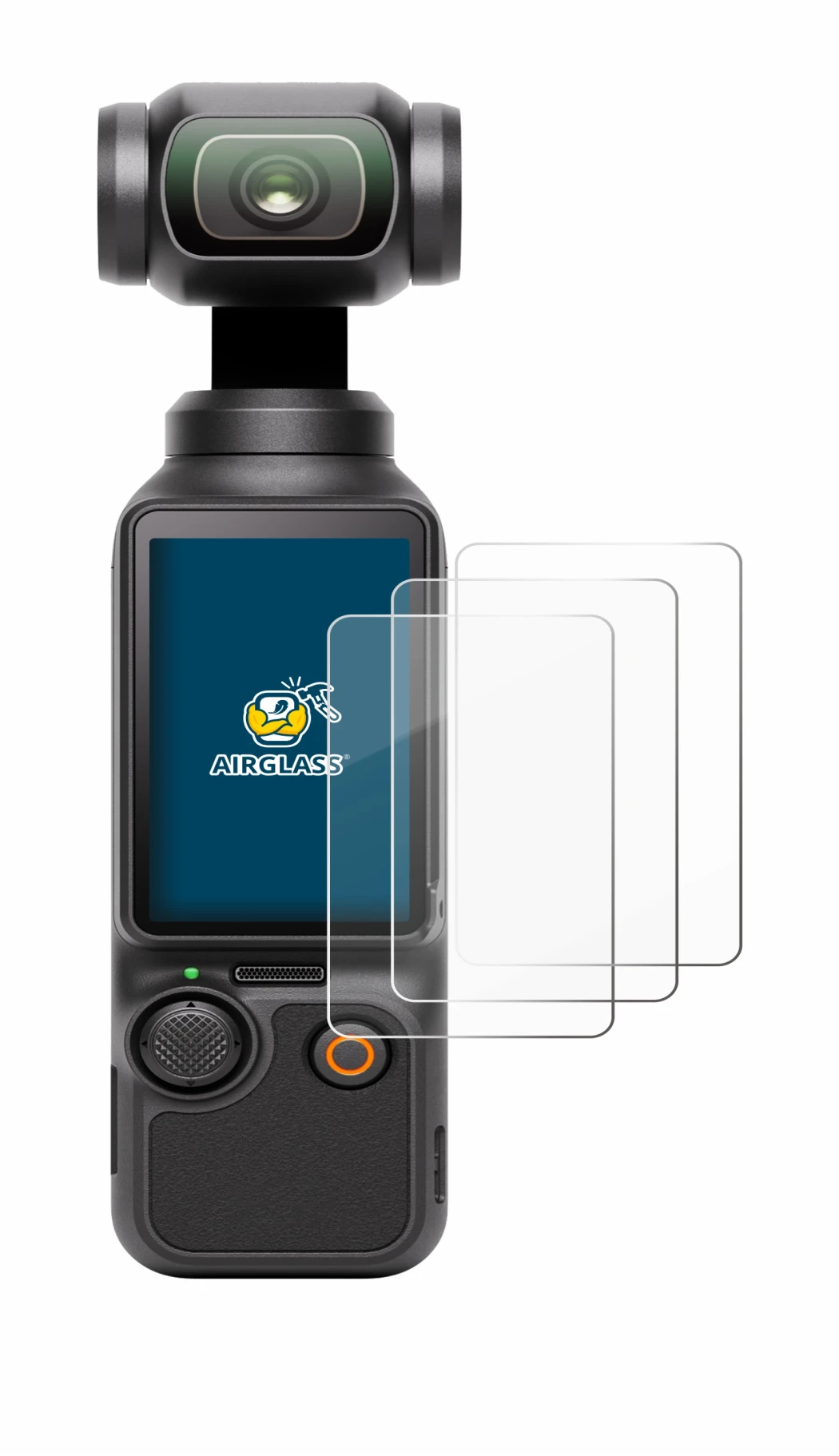 Immagine del dispositivo DJI Osmo Pocket 3 con un'ampia varietà di protezioni per lo schermo.
