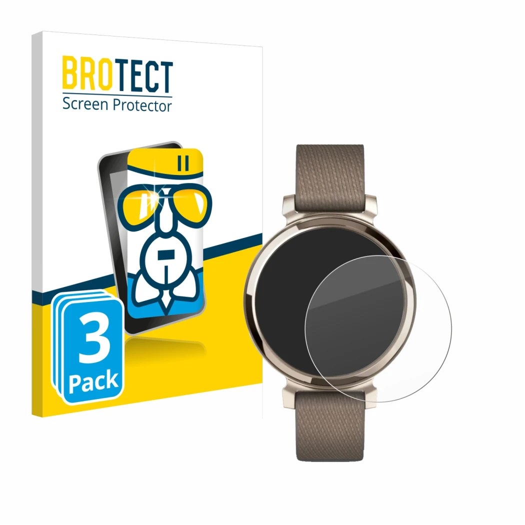 Parte frontale di una confezione del prodotto con il logo del marchio BROTECT. Accanto è raffigurato il dispositivo Garmin Lil