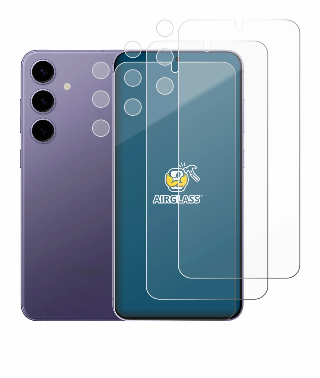 Immagine del dispositivo Samsung Galaxy S24 Plus (Fronte+Fotocamera) con un'ampia varietà di protezioni per lo schermo.