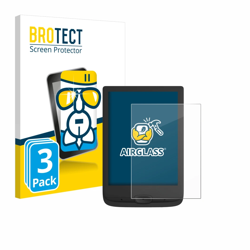 Parte frontale di una confezione del prodotto con il logo del marchio BROTECT. Accanto è raffigurato il dispositivo PocketBook