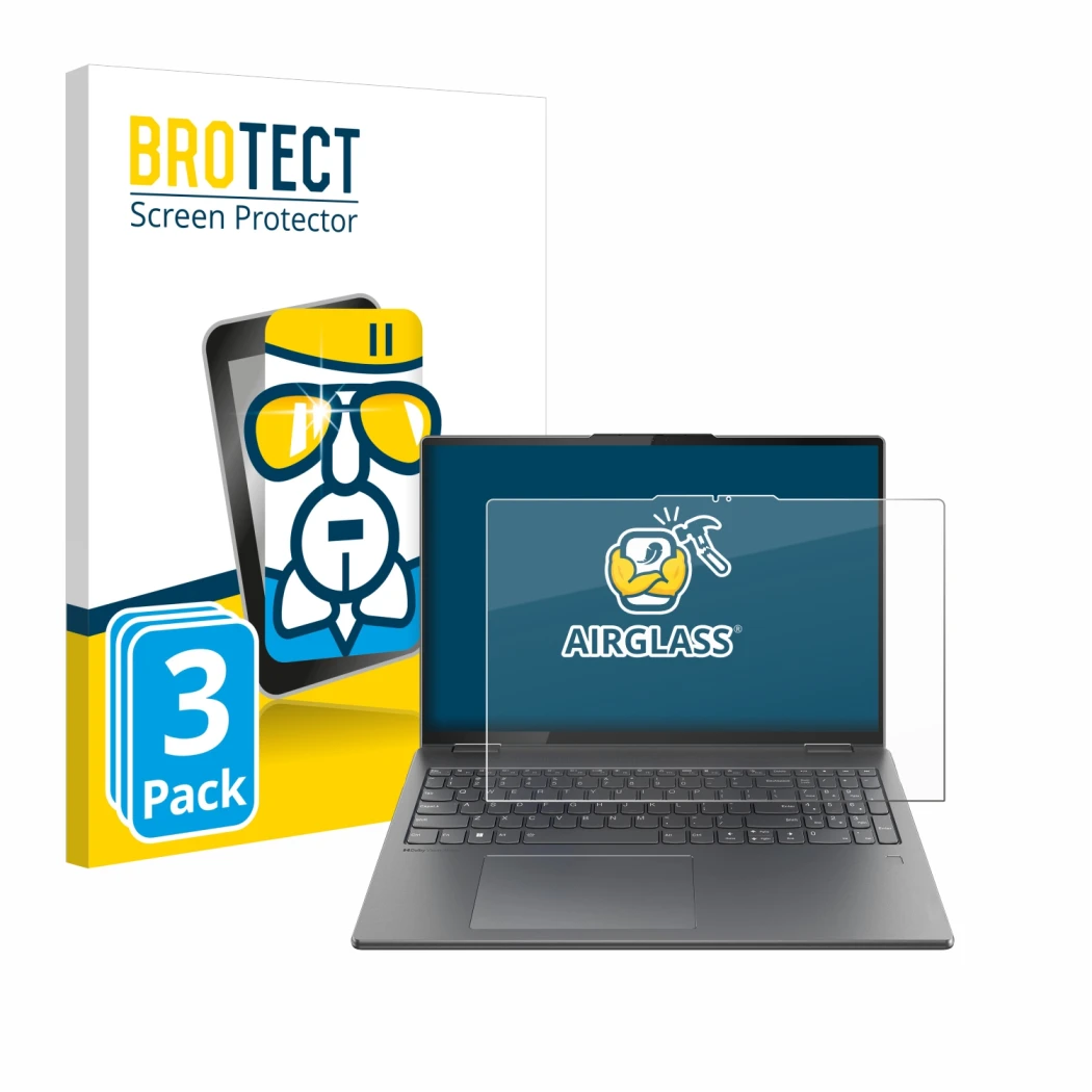 Parte frontale di una confezione del prodotto con il logo del marchio BROTECT. Accanto è raffigurato il dispositivo Lenovo Yog