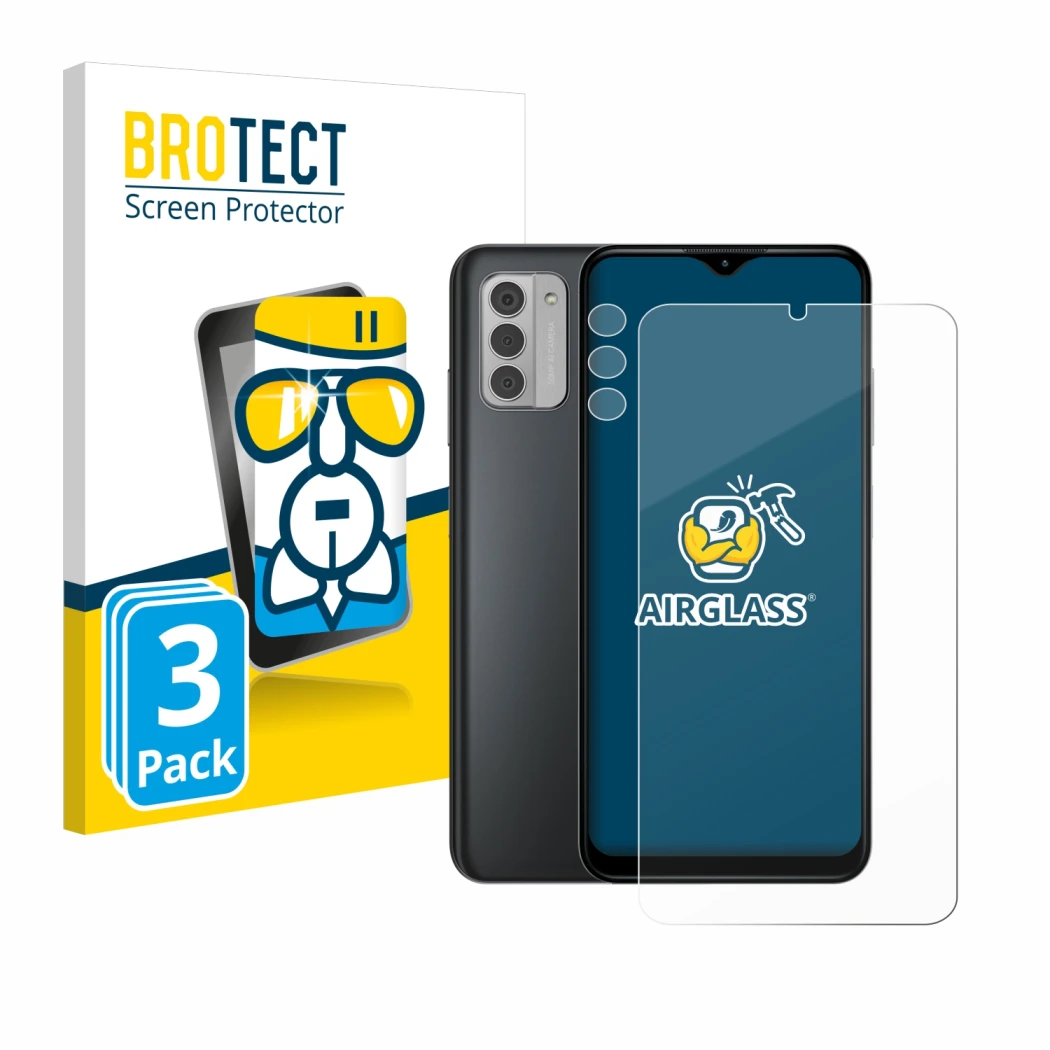 Parte frontale di una confezione del prodotto con il logo del marchio BROTECT. Accanto è raffigurato il dispositivo Nokia G42 