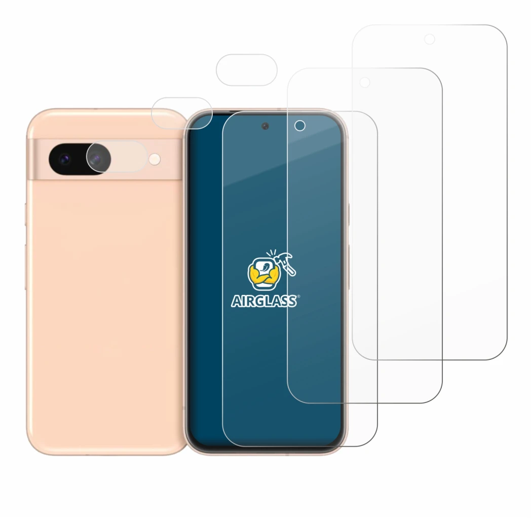 Immagine del dispositivo Google Pixel 8a (Fronte+Fotocamera) con un'ampia varietà di protezioni per lo schermo.