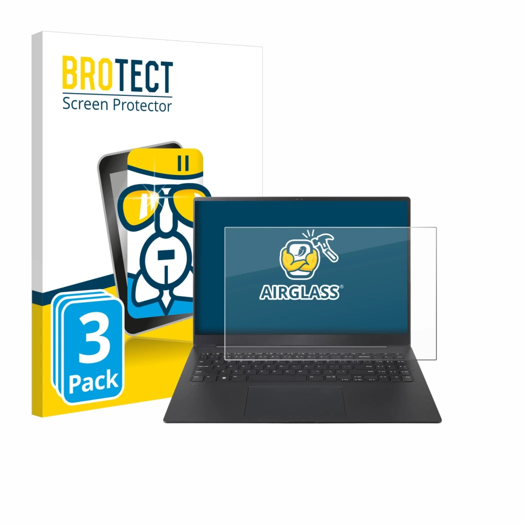 Parte frontale di una confezione del prodotto con il logo del marchio BROTECT. Accanto è raffigurato il dispositivo LG gram Pr