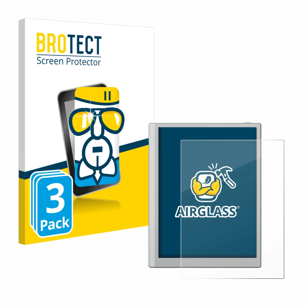 Parte frontale di una confezione del prodotto con il logo del marchio BROTECT. Accanto è raffigurato il dispositivo Boox Go 10