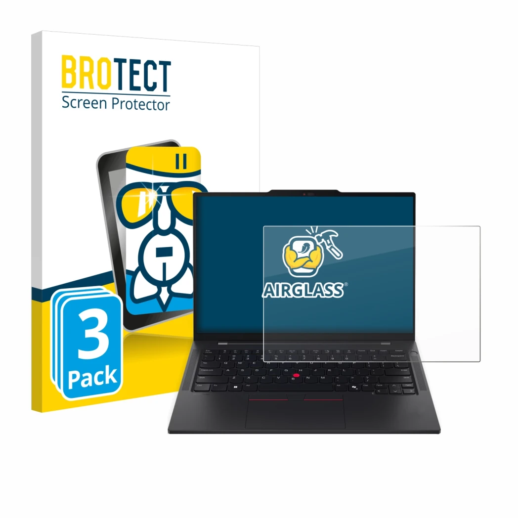 Parte frontale di una confezione del prodotto con il logo del marchio BROTECT. Accanto è raffigurato il dispositivo Lenovo Thi