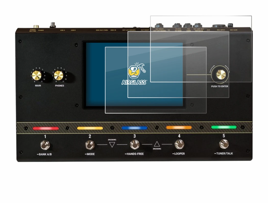 Immagine del dispositivo Headrush Core con un'ampia varietà di protezioni per lo schermo.