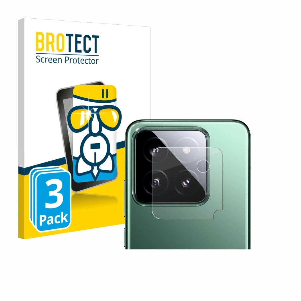 Parte frontale di una confezione del prodotto con il logo del marchio BROTECT. Accanto è raffigurato il dispositivo Xiaomi 14 