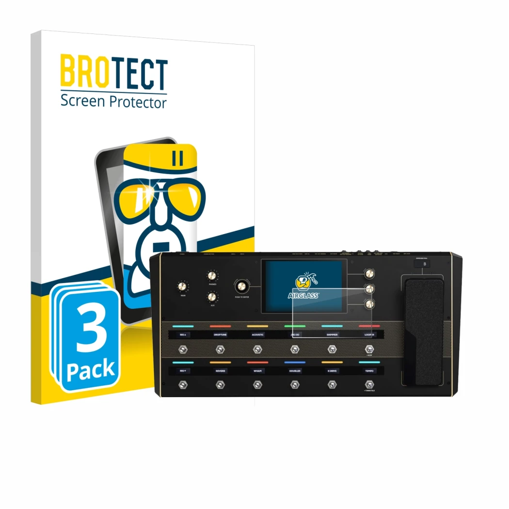 Parte frontale di una confezione del prodotto con il logo del marchio BROTECT. Accanto è raffigurato il dispositivo Headrush P