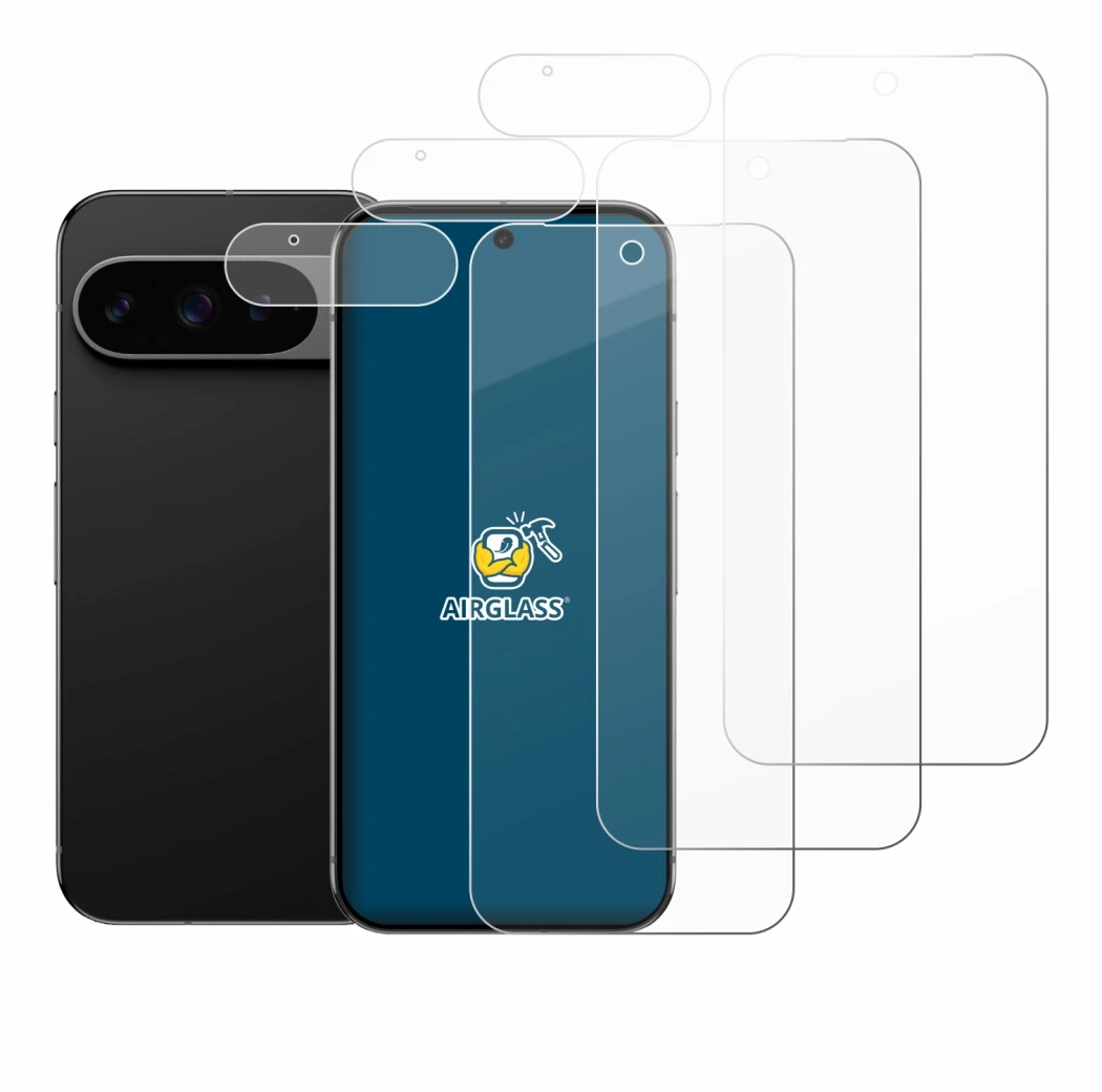 Immagine del dispositivo Google Pixel 9 Pro XL (Fronte+Fotocamera) con un'ampia varietà di protezioni per lo schermo.