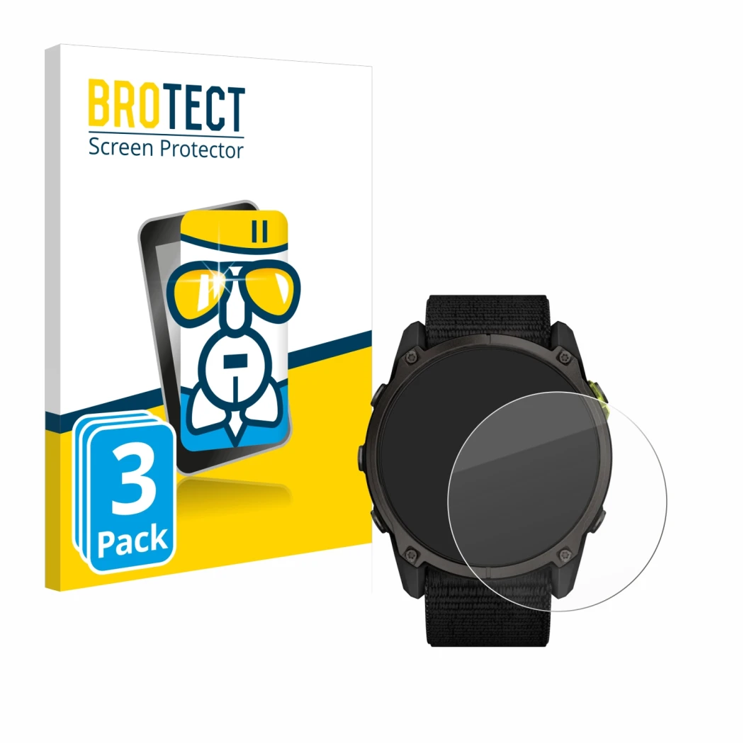 Parte frontale di una confezione del prodotto con il logo del marchio BROTECT. Accanto è raffigurato il dispositivo Garmin End