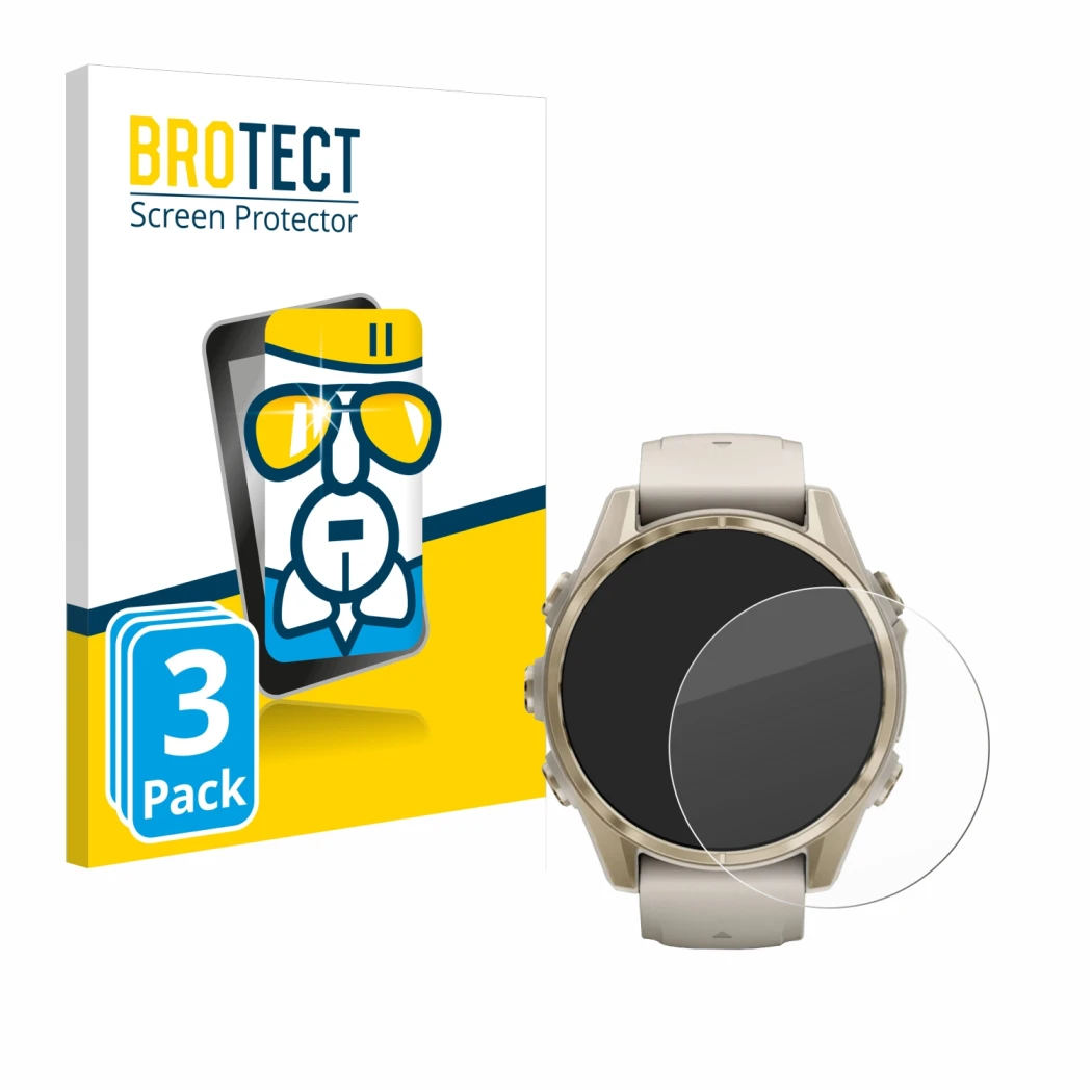 Parte frontale di una confezione del prodotto con il logo del marchio BROTECT. Accanto è raffigurato il dispositivo Garmin Fen