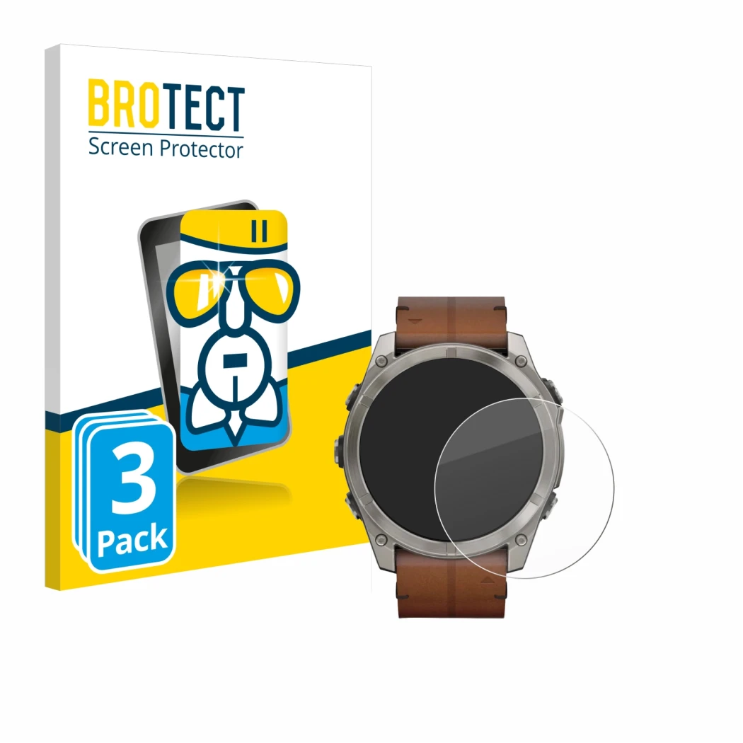 Parte frontale di una confezione del prodotto con il logo del marchio BROTECT. Accanto è raffigurato il dispositivo Garmin Fen
