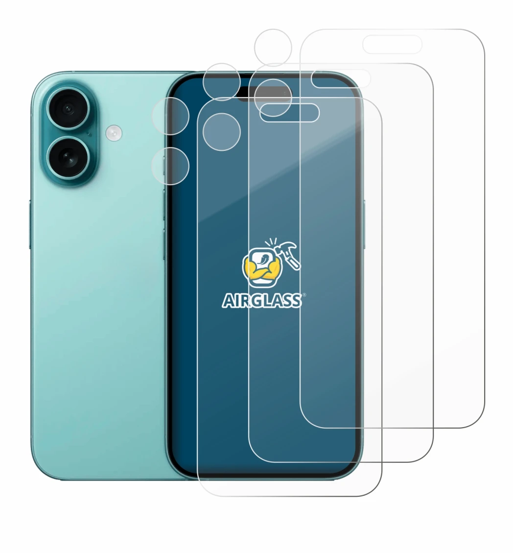 Immagine del dispositivo Apple iPhone 16 (Fronte+Fotocamera) con un'ampia varietà di protezioni per lo schermo.
