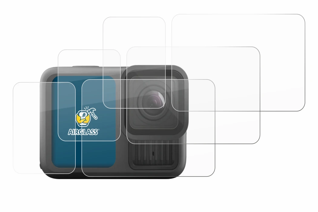 Immagine del dispositivo GoPro Hero 13 Black con un'ampia varietà di protezioni per lo schermo.