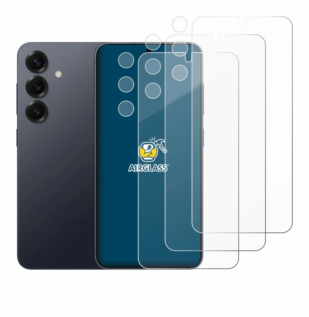 Immagine del dispositivo Samsung Galaxy S25 (Fronte+Fotocamera) con un'ampia varietà di protezioni per lo schermo.