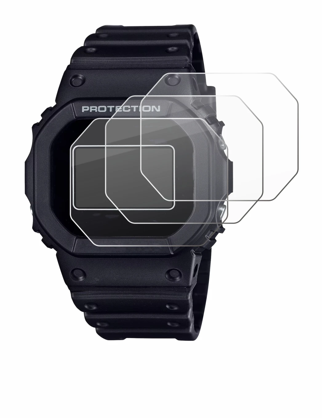 Immagine del dispositivo Casio G-Shock DW-5600RL-1 con un'ampia varietà di protezioni per lo schermo.