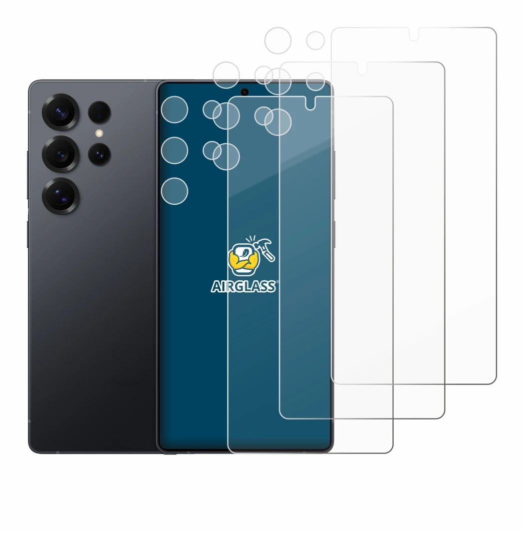 Immagine del dispositivo Samsung Galaxy S25 Ultra (Fronte+Fotocamera) con un'ampia varietà di protezioni per lo schermo.