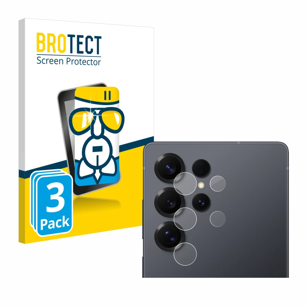 Parte frontale di una confezione del prodotto con il logo del marchio BROTECT. Accanto è raffigurato il dispositivo Samsung Ga