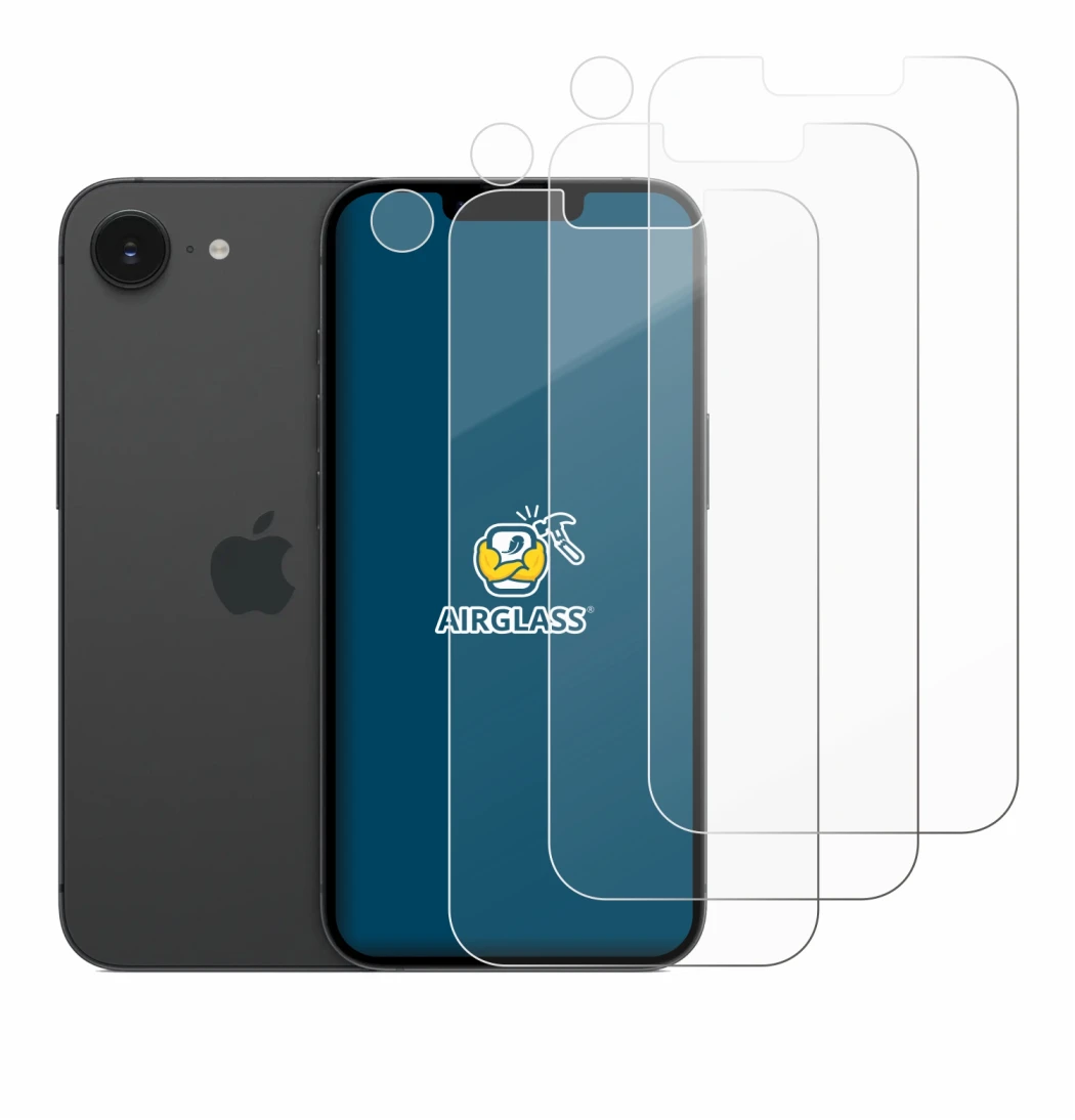 Immagine del dispositivo Apple iPhone 16e (Fronte+Fotocamera) con un'ampia varietà di protezioni per lo schermo.