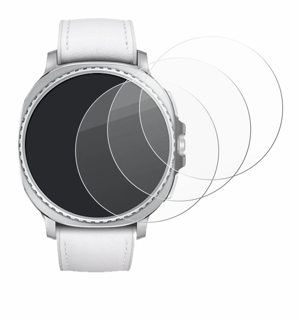 Immagine del dispositivo Samsung Galaxy Watch 8 Classic (46 mm) con un'ampia varietà di protezioni per lo schermo.