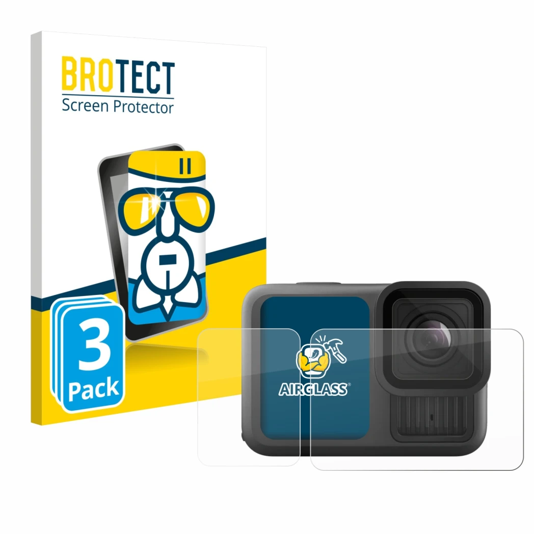 Parte frontale di una confezione del prodotto con il logo del marchio BROTECT. Accanto è raffigurato il dispositivo GoPro Hero