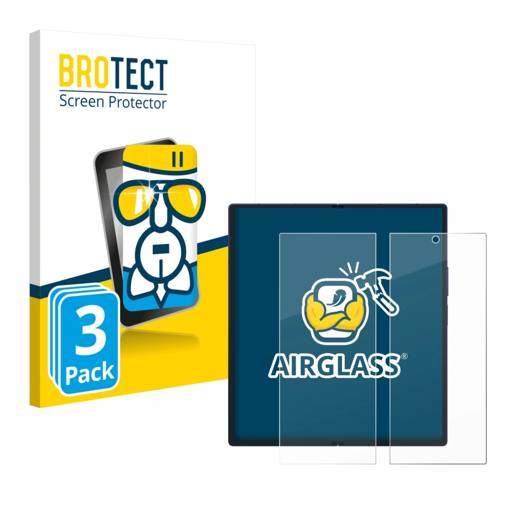 Parte frontale di una confezione del prodotto con il logo del marchio BROTECT. Accanto è raffigurato il dispositivo Samsung Ga