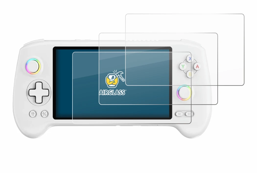 Immagine del dispositivo Anbernic RG557 con un'ampia varietà di protezioni per lo schermo.