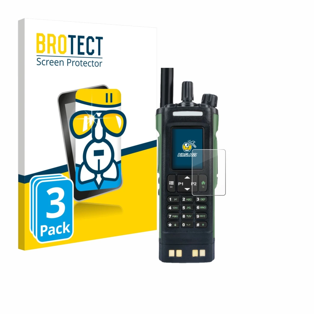 Parte frontale di una confezione del prodotto con il logo del marchio BROTECT. Accanto è raffigurato il dispositivo Baofeng DM