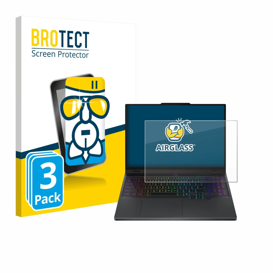 Parte frontale di una confezione del prodotto con il logo del marchio BROTECT. Accanto è raffigurato il dispositivo Lenovo Leg