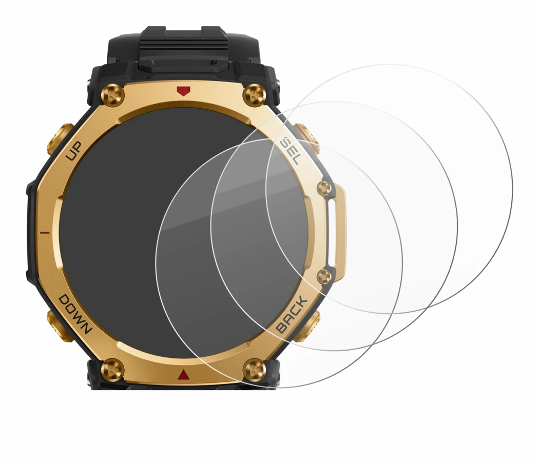 Immagine del dispositivo Huami Amazfit T-Rex 3 Pro (48 mm) con un'ampia varietà di protezioni per lo schermo.