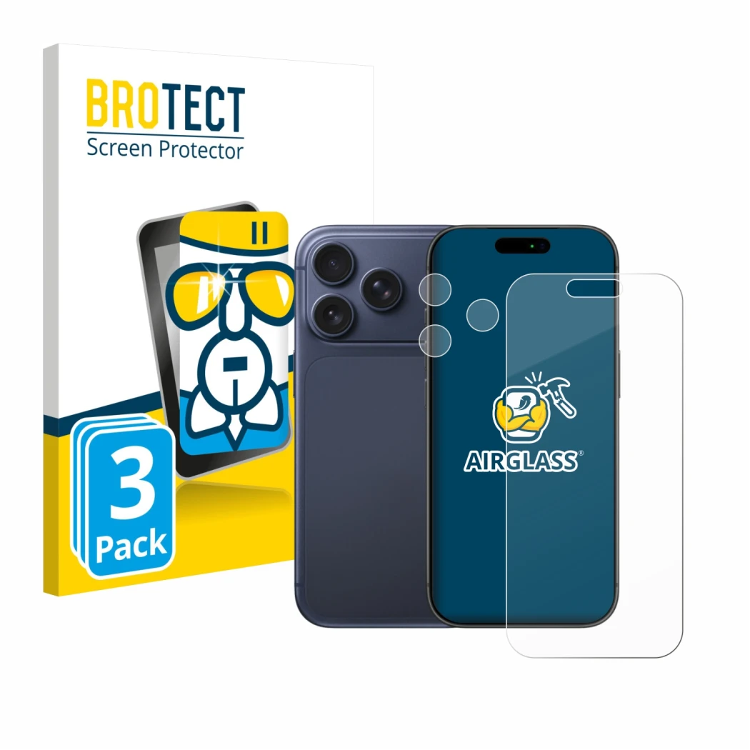 Parte frontale di una confezione del prodotto con il logo del marchio BROTECT. Accanto è raffigurato il dispositivo Apple iPho