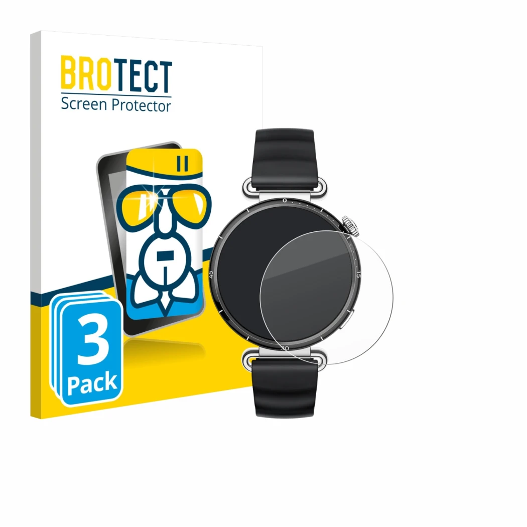 Parte frontale di una confezione del prodotto con il logo del marchio BROTECT. Accanto è raffigurato il dispositivo Huawei Wat