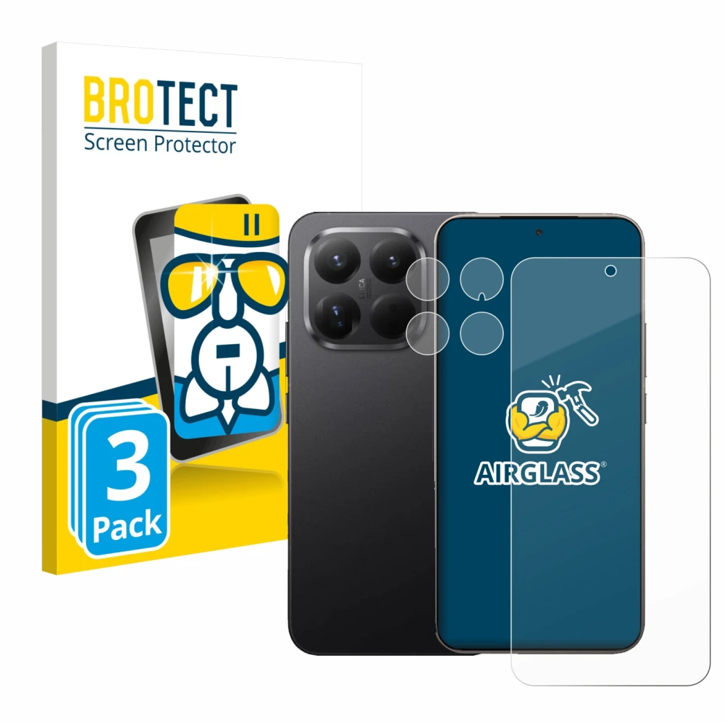 Parte frontale di una confezione del prodotto con il logo del marchio BROTECT. Accanto è raffigurato il dispositivo Xiaomi 15T