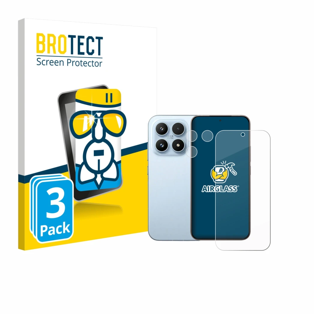 Parte frontale di una confezione del prodotto con il logo del marchio BROTECT. Accanto è raffigurato il dispositivo Xiaomi 17