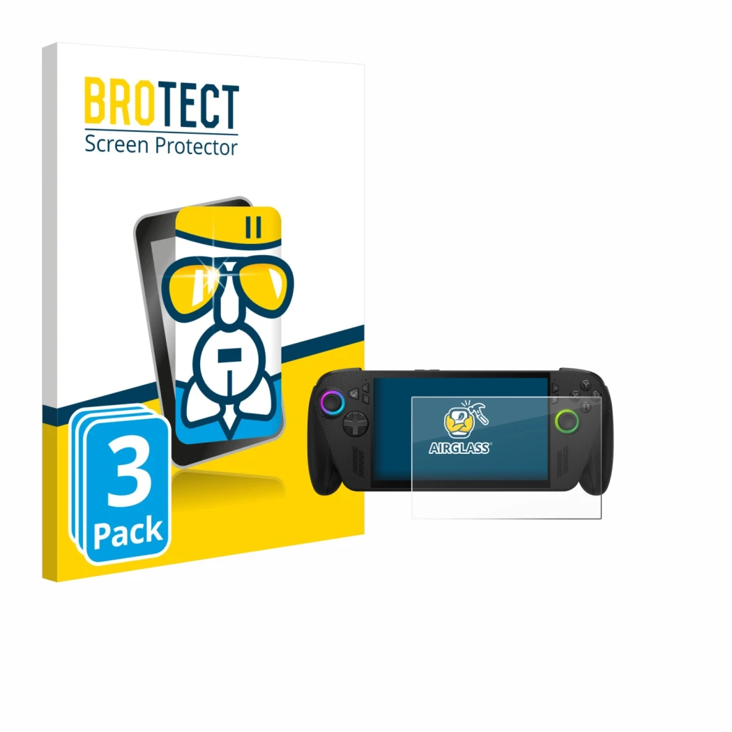 Parte frontale di una confezione del prodotto con il logo del marchio BROTECT. Accanto è raffigurato il dispositivo ASUS ROG A