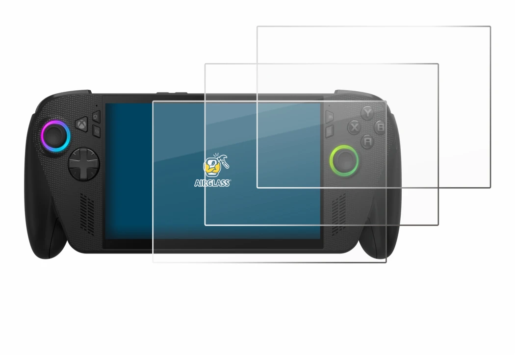 Immagine del dispositivo ASUS ROG Ally X 2025 con un'ampia varietà di protezioni per lo schermo.