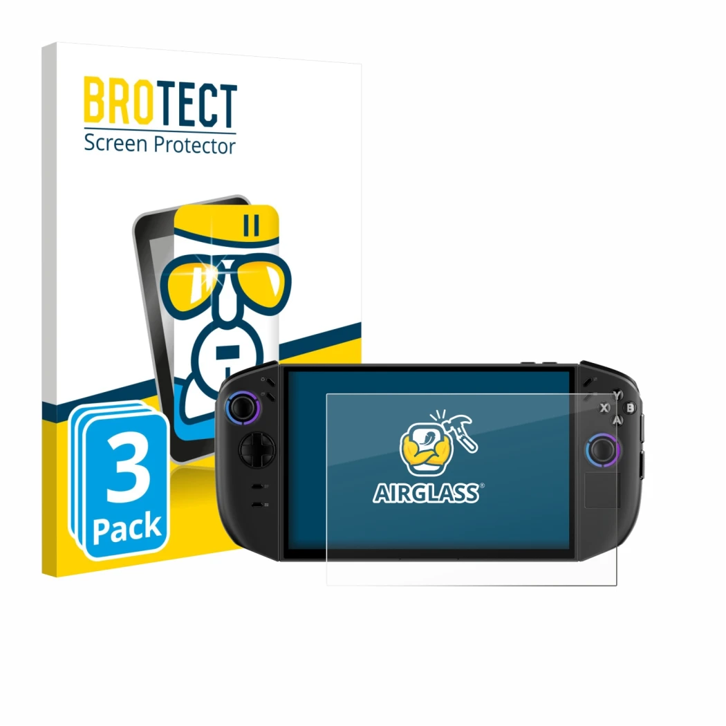 Parte frontale di una confezione del prodotto con il logo del marchio BROTECT. Accanto è raffigurato il dispositivo Lenovo Leg