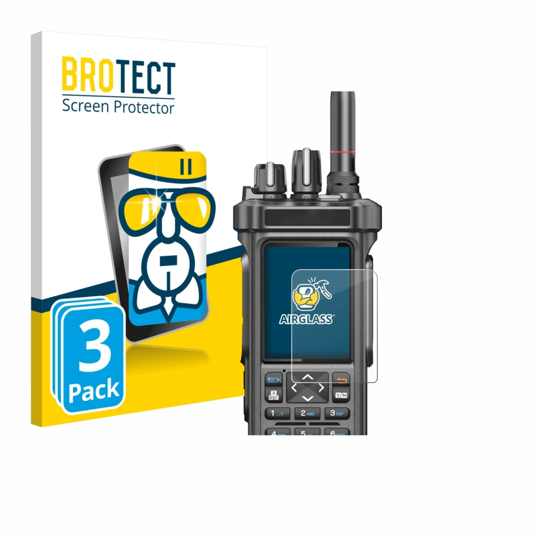 Parte frontale di una confezione del prodotto con il logo del marchio BROTECT. Accanto è raffigurato il dispositivo Radtel RT-