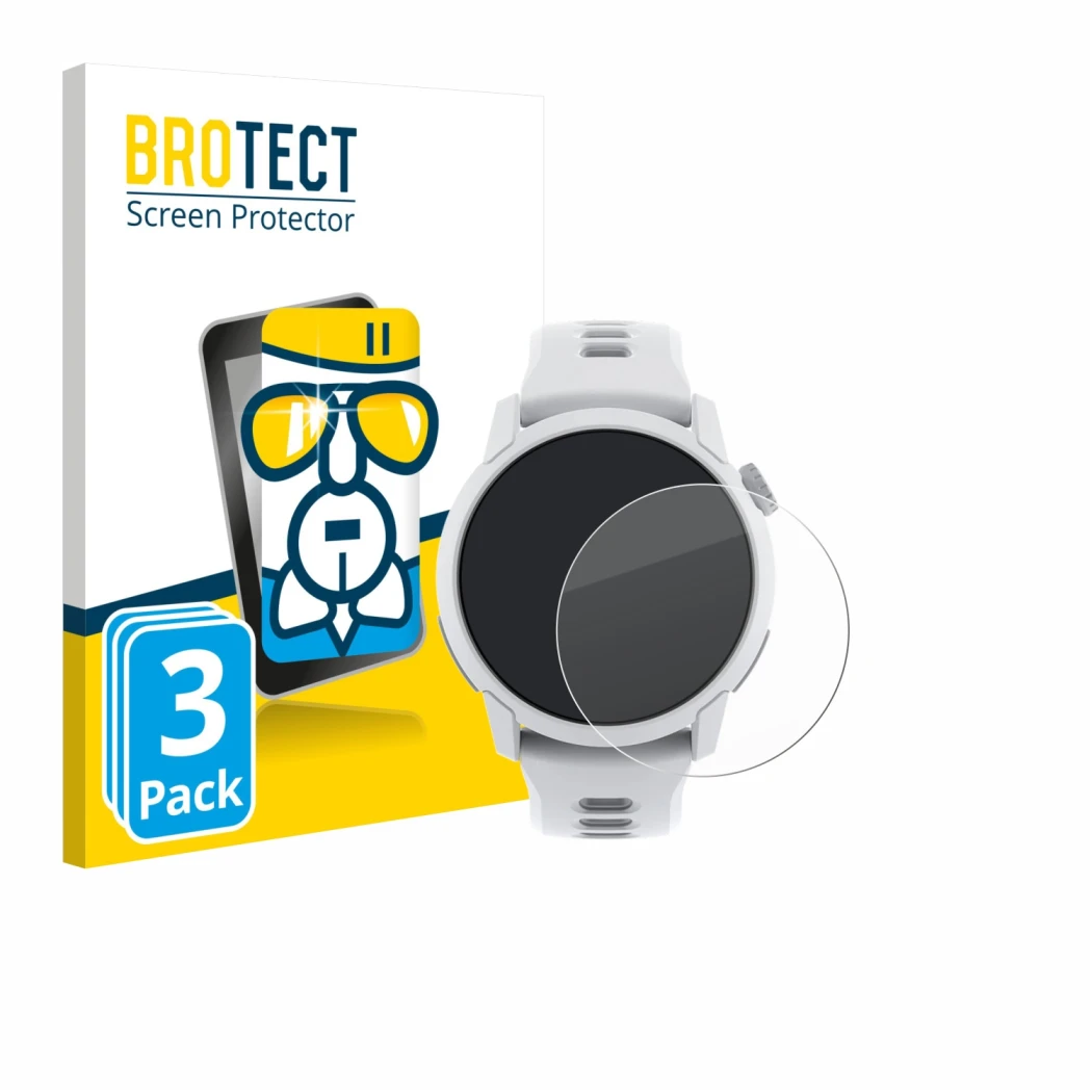 Parte frontale di una confezione del prodotto con il logo del marchio BROTECT. Accanto è raffigurato il dispositivo Coros Pace