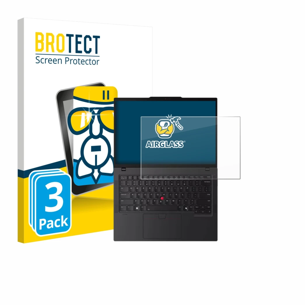 Parte frontale di una confezione del prodotto con il logo del marchio BROTECT. Accanto è raffigurato il dispositivo Lenovo Thi