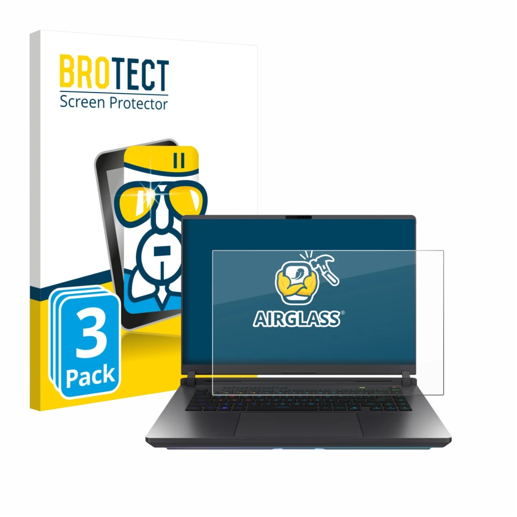 Parte frontale di una confezione del prodotto con il logo del marchio BROTECT. Accanto è raffigurato il dispositivo ASUS ROG S