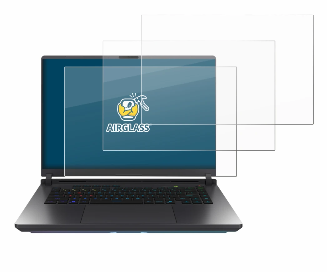 Immagine del dispositivo ASUS ROG Strix G16 2025 con un'ampia varietà di protezioni per lo schermo.