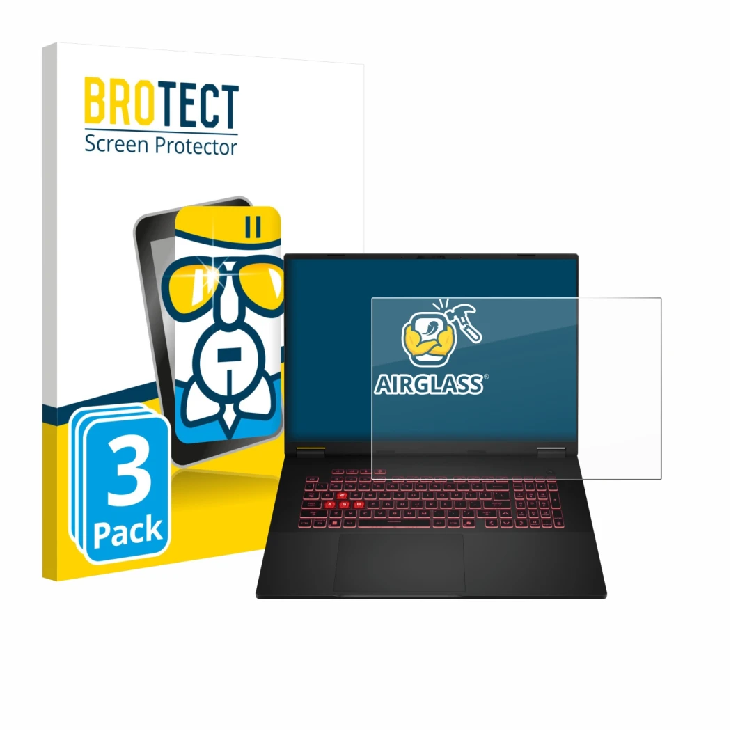 Parte frontale di una confezione del prodotto con il logo del marchio BROTECT. Accanto è raffigurato il dispositivo ASUS TUF G