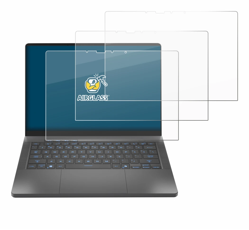 Immagine del dispositivo ASUS ROG Zephyrus G14 2025 GA403 con un'ampia varietà di protezioni per lo schermo.