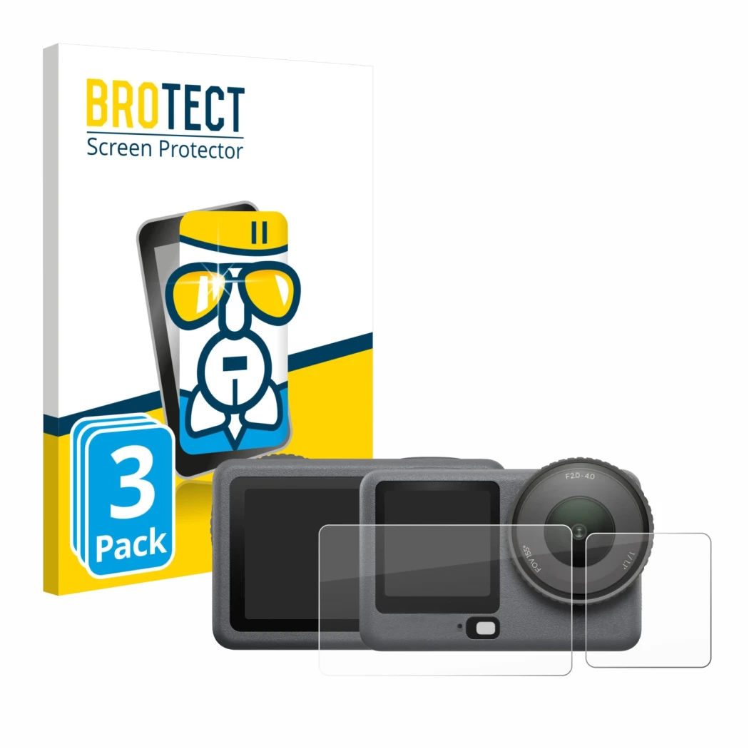 Parte frontale di una confezione del prodotto con il logo del marchio BROTECT. Accanto è raffigurato il dispositivo DJI Osmo A