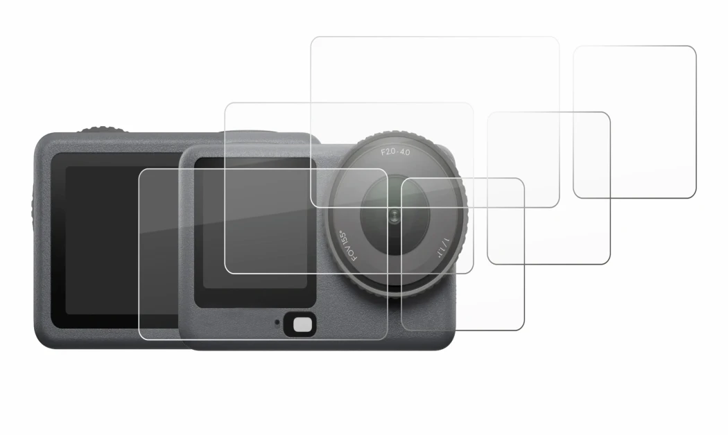 Immagine del dispositivo DJI Osmo Action 6 con un'ampia varietà di protezioni per lo schermo.
