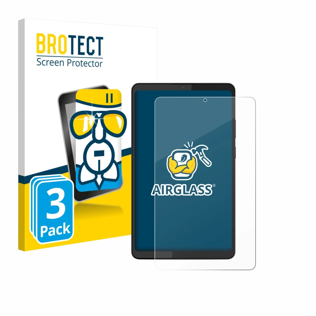 Parte frontale di una confezione del prodotto con il logo del marchio BROTECT. Accanto è raffigurato il dispositivo Lenovo Tab